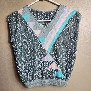 Handmade Womens Gray Geometric Bobble-Knit Pullover Vest-Size S